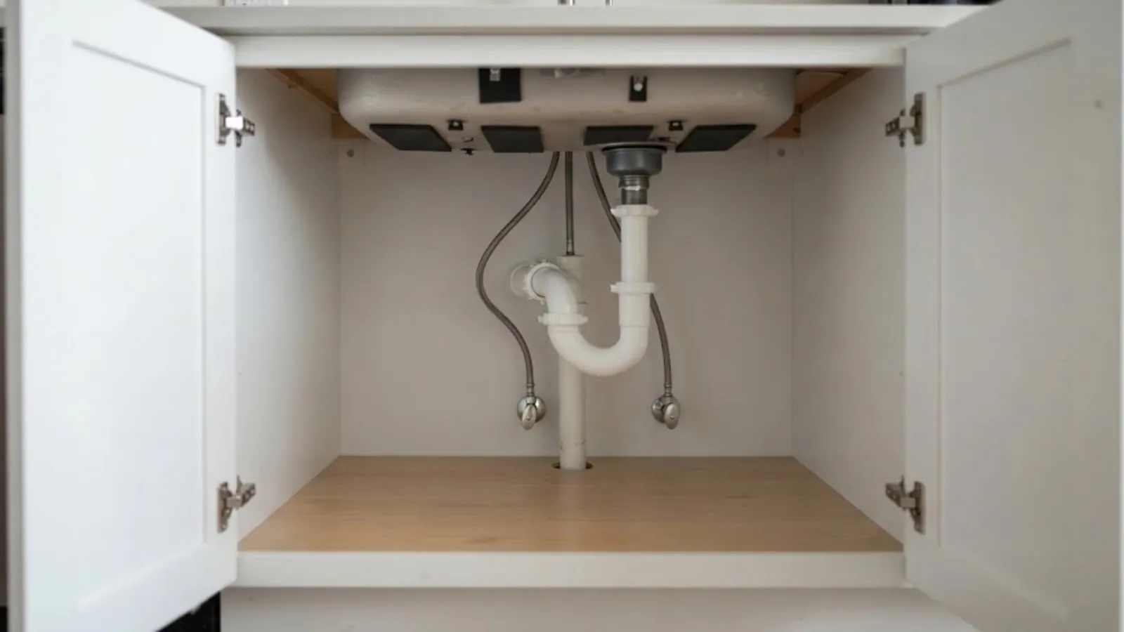 apartment kitchen sink with the cabinet doors open