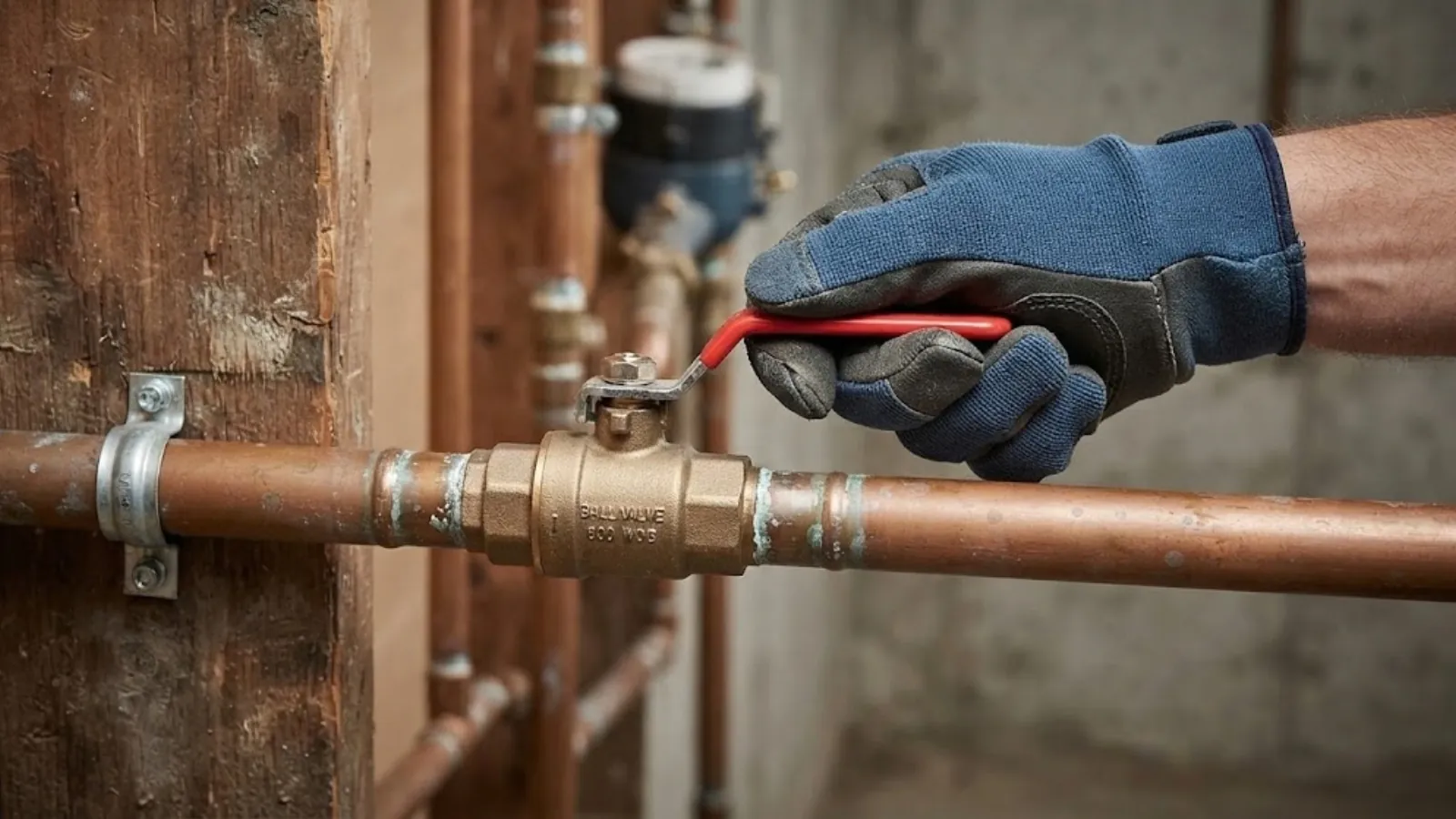 hand closing a main water shutoff ball valve