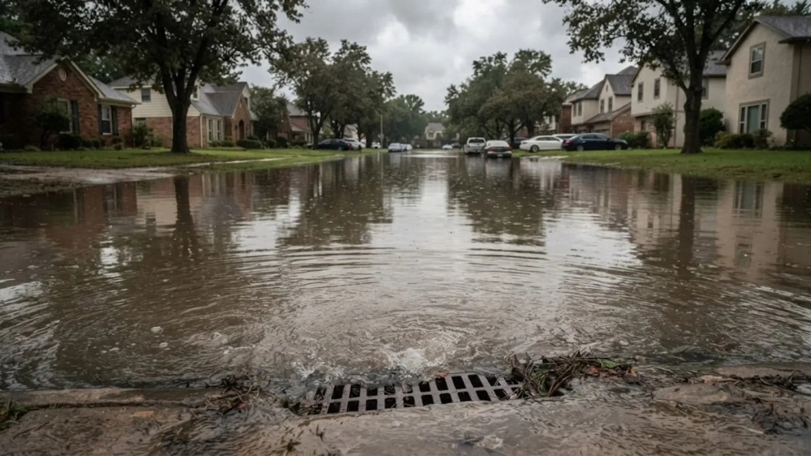 flooded residential street after heavy tropical rain