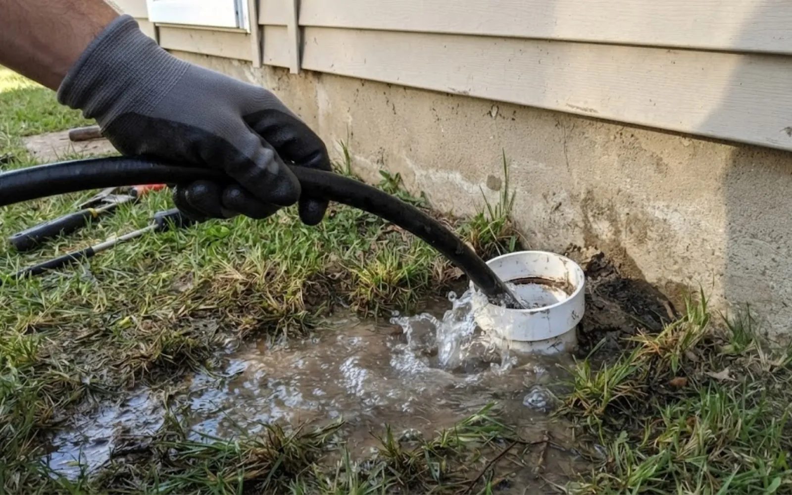 hydro jetting hose running into a sewer cleanout
