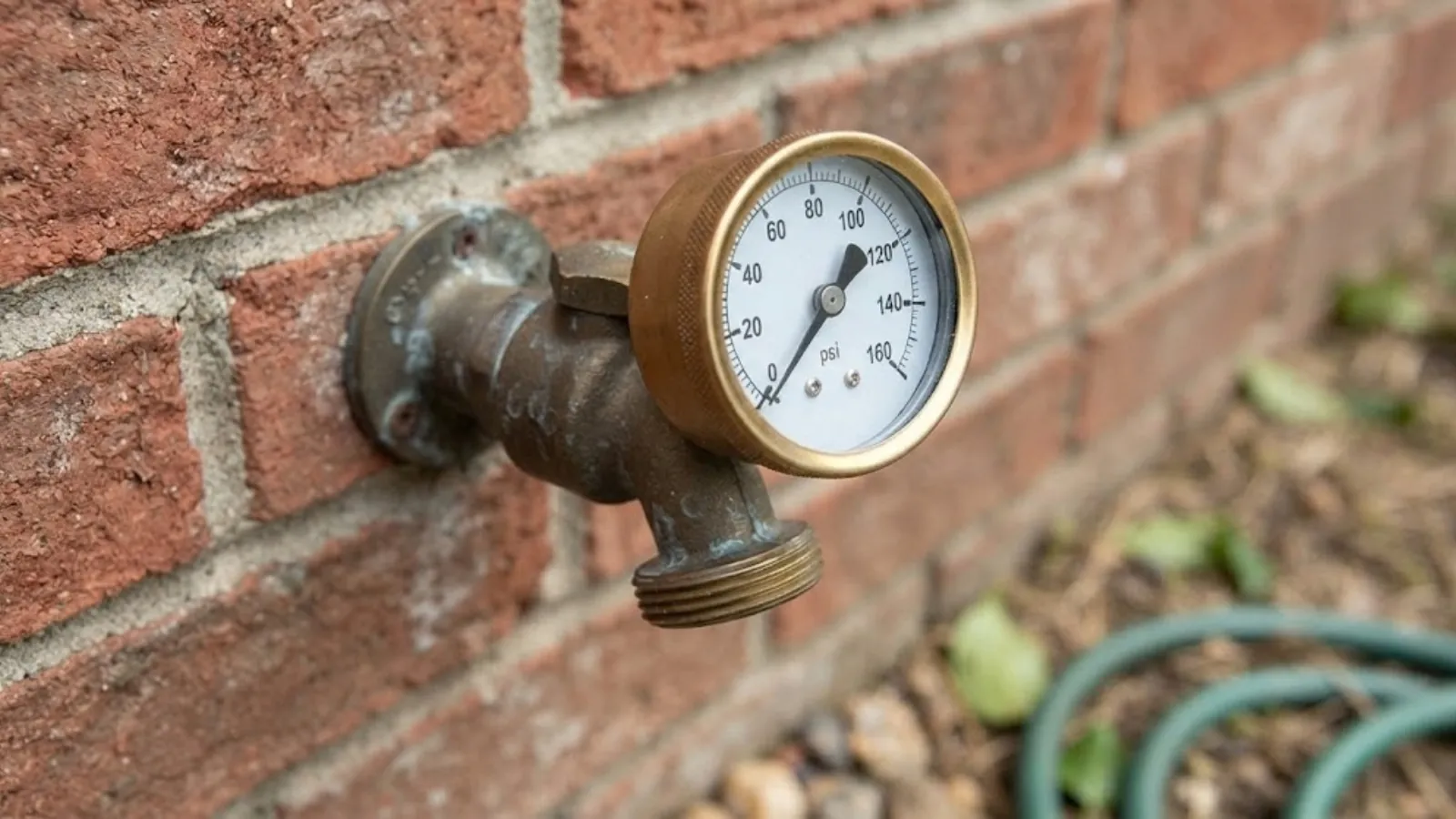 water pressure gauge attached to an outdoor hose bib