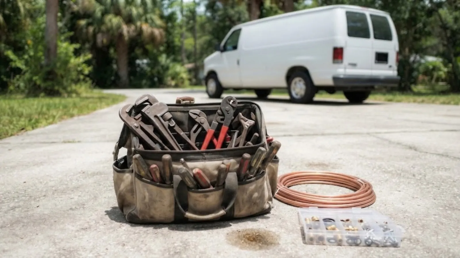 plumbing tools and tool bag ready for a service call