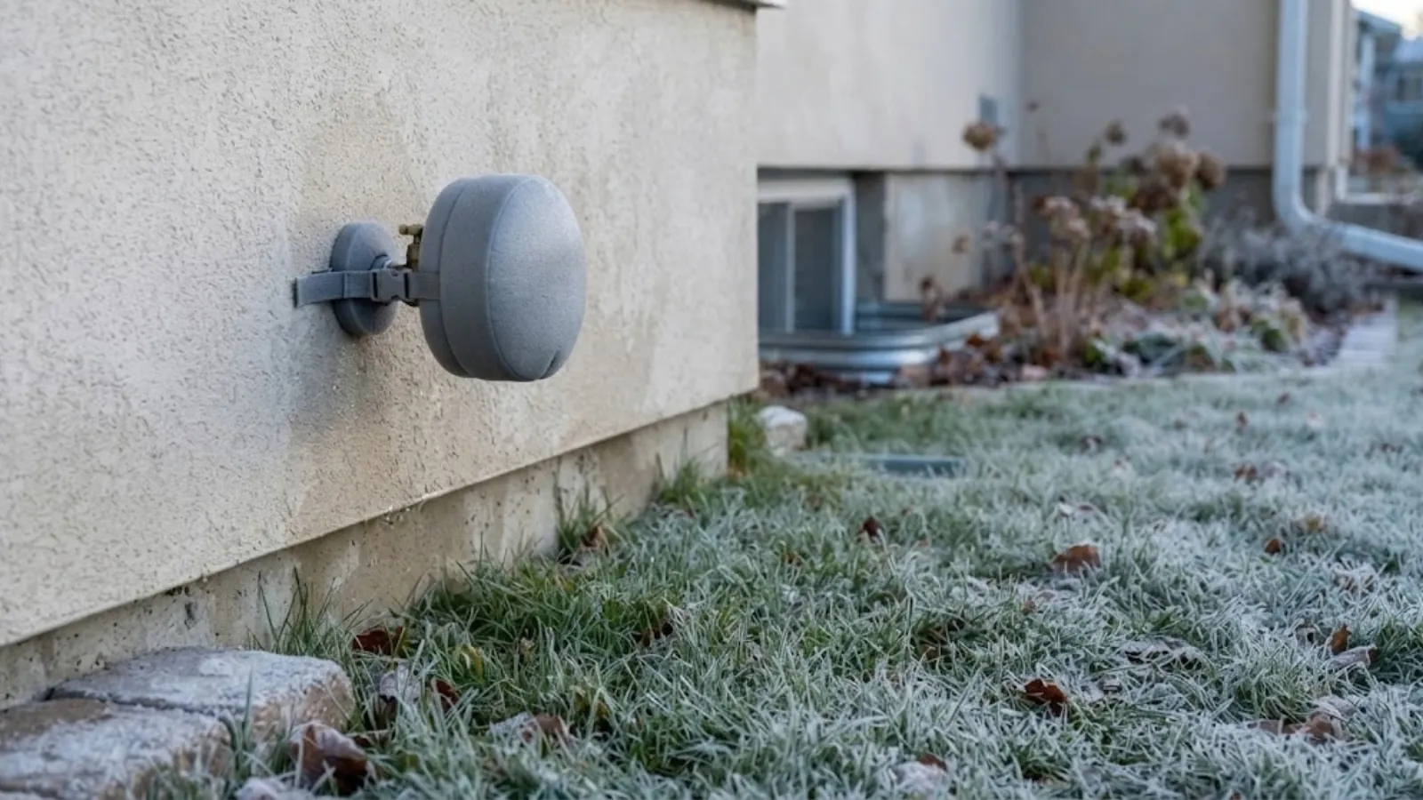 foam insulating cover on an outdoor spigot on a frosty morning