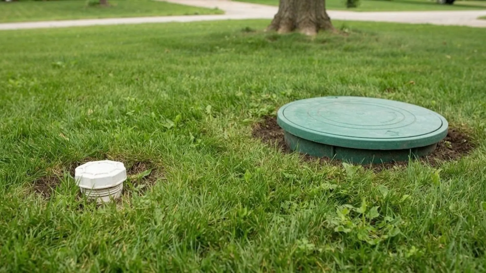 sewer cleanout pipe and septic tank lid in a lawn