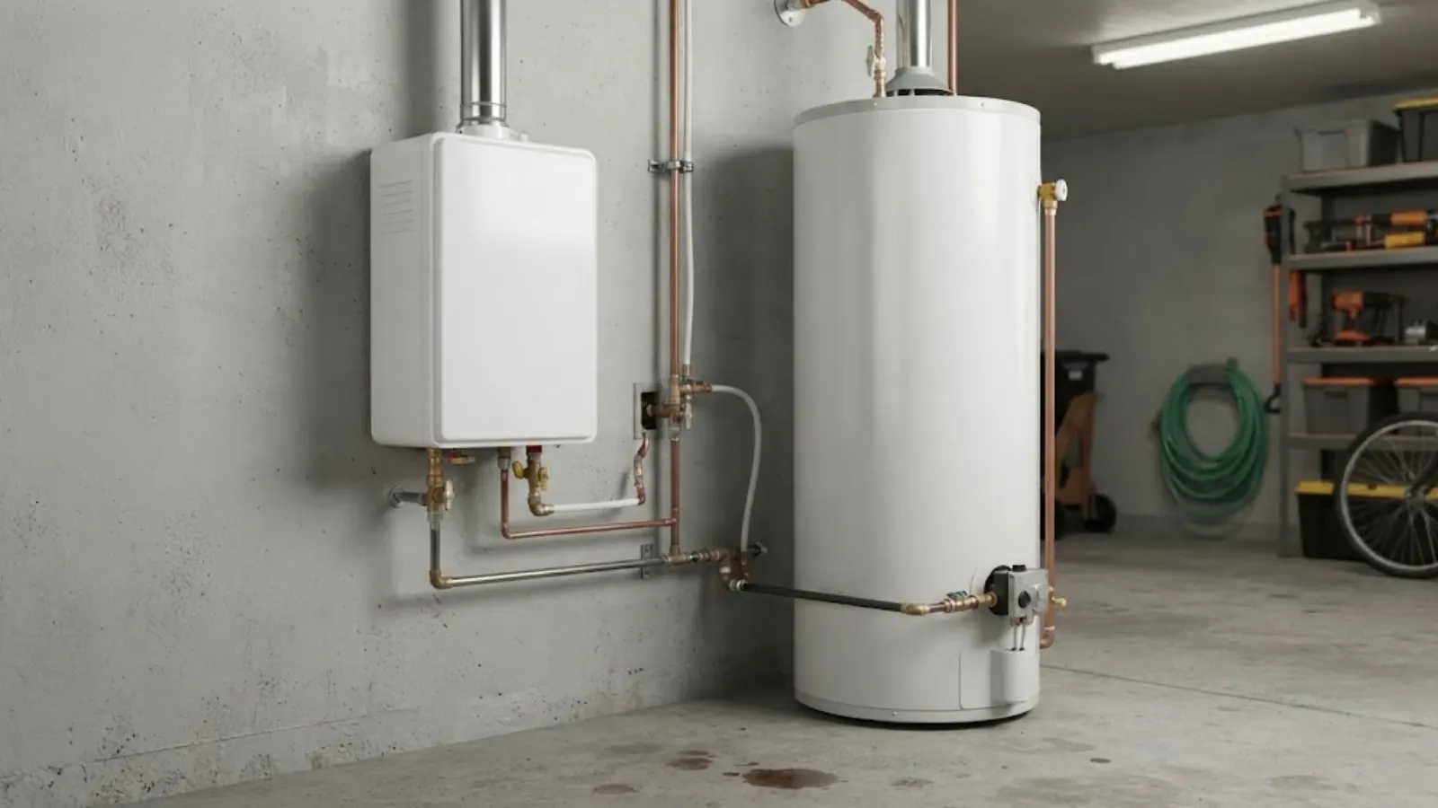 tankless water heater next to a traditional tank water heater