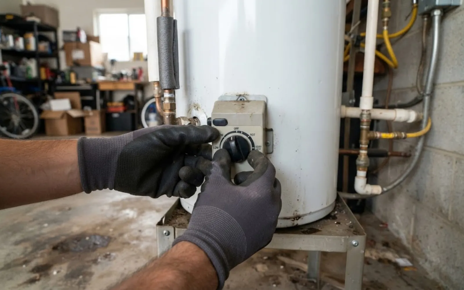 technician testing the thermostat on a tank water heater in a garage