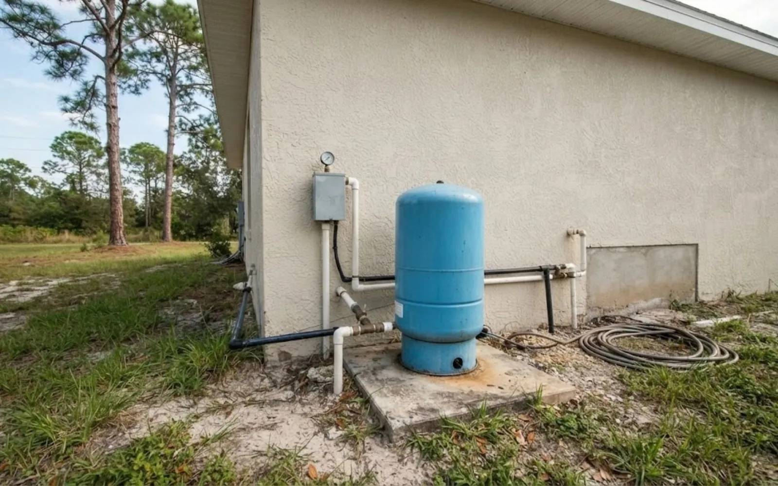 private well pressure tank and pressure switch beside a rural home