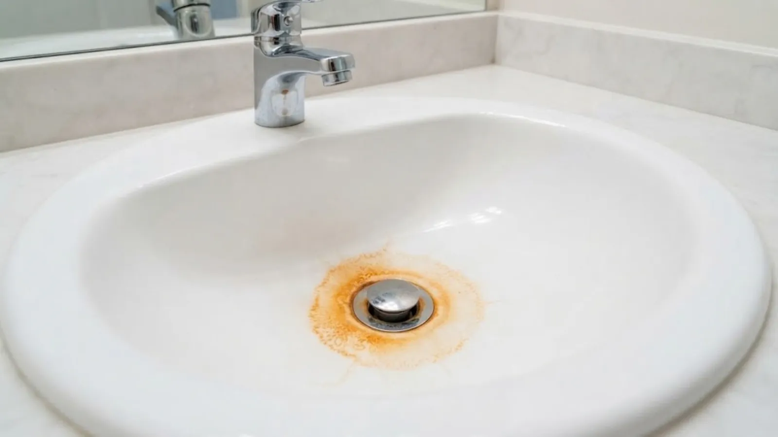 orange iron stains in a white sink from well water